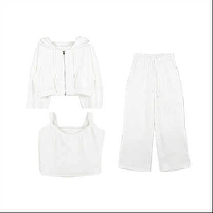 Damen Drei-Teiliges Set Cropped Hoodie Tanktop Weite Hose
