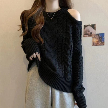 Damen Grobstrickpullover Asymmetrisch Zopfmuster Eveloria