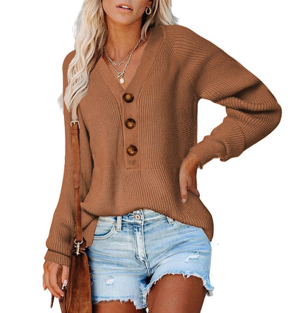 Damen Pullover V-Ausschnitt Holzknöpfe Eveloria