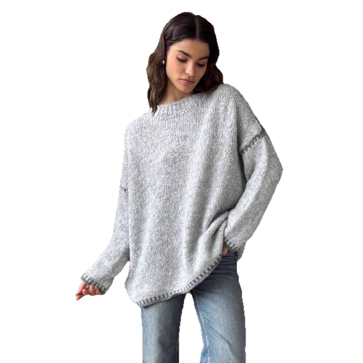 Damen Strickpullover Lässig Farbakzent Saum Eveloria