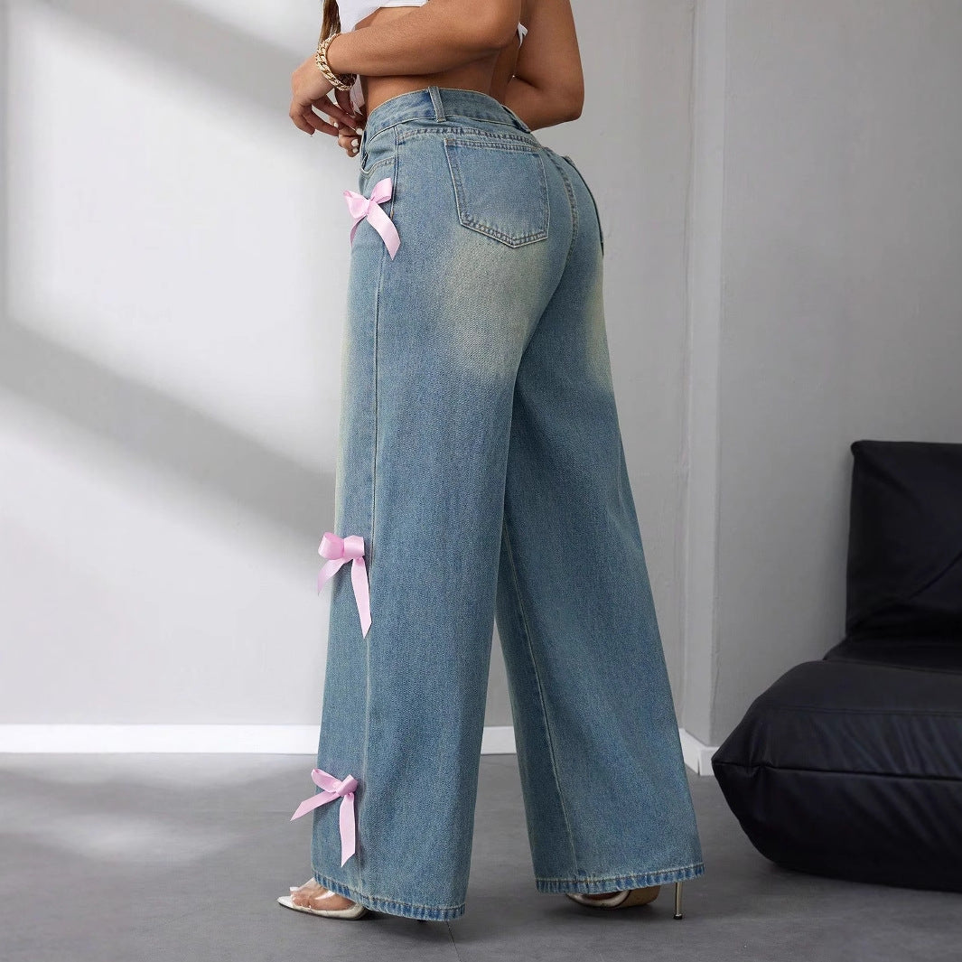 Damen High-Waist Jeans Weite Mit Schleifenapplikationen Eveloria