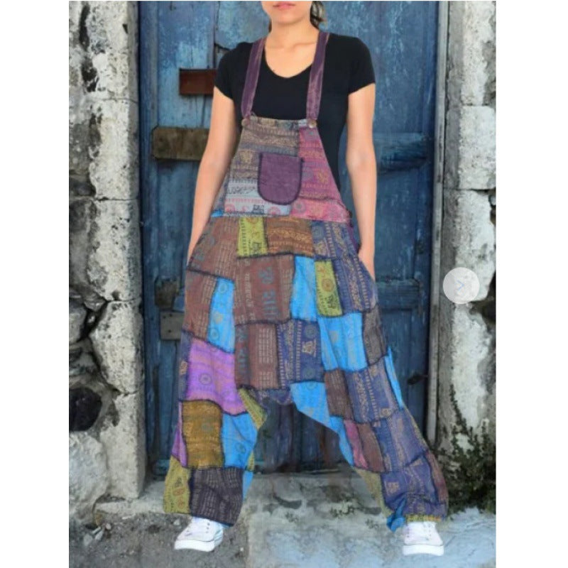 Damen Latzhose Patchwork Weite Beine Praktische Taschen Eveloria