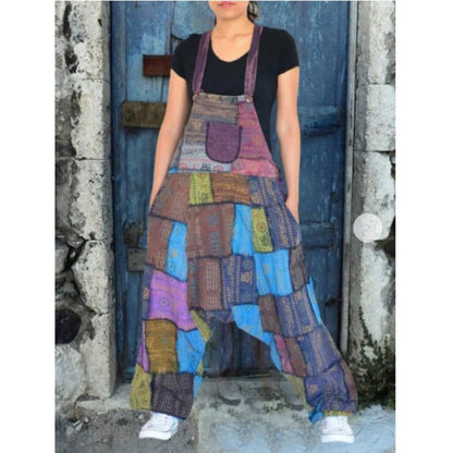 Damen Latzhose Patchwork Weite Beine Praktische Taschen Eveloria