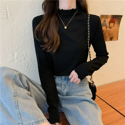 Damen Langarmshirt Stehkragen Rüschen Eveloria