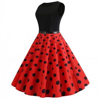 Damen A-Linien Kleid mit Punkten und Taillengürtel