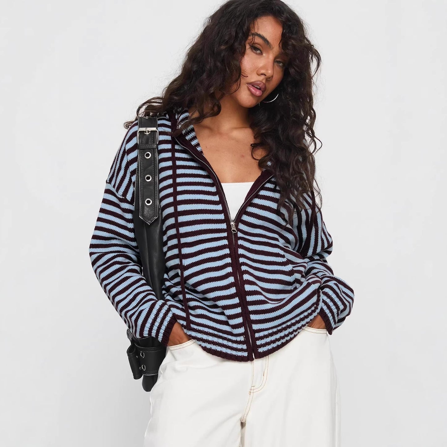 Damen Cardigan Gestreift Hochwertiger Reißverschluss Lässig