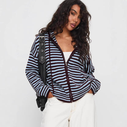 Damen Cardigan Gestreift Hochwertiger Reißverschluss Lässig