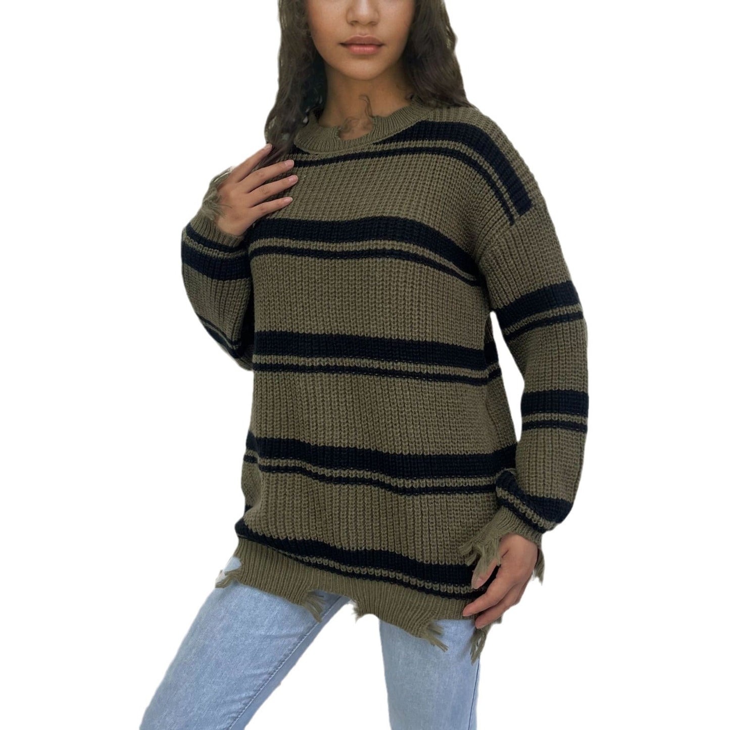 Damen Oversized Strickpullover Streifenmuster Fransen