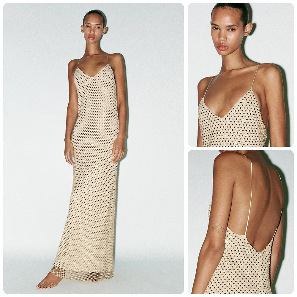 Damen Maxikleid mit Netzdetails und Spaghettiträgern Schwarz - Eveloria
