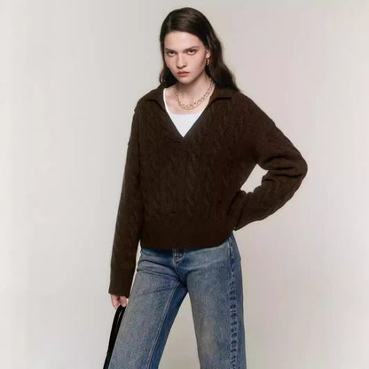 Damen Strickpullover V-Ausschnitt Kabelmuster