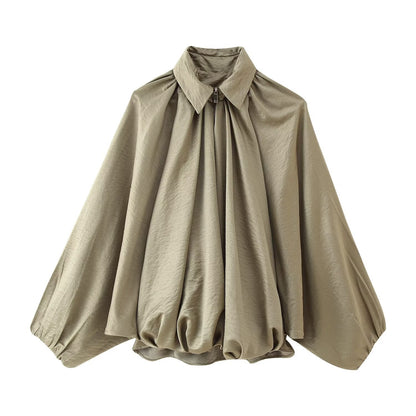 Damen Bluse Falten Ärmel Voluminös Eveloria