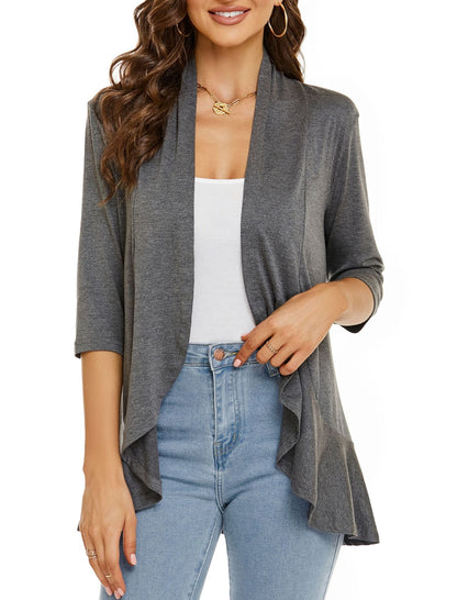 Eveloria Damen Strickjacke Einfarbig 7/8 Ärmel Rüschenrand