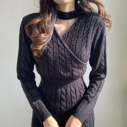 Damen Strickkleid Bunt Zopfmuster Hochtaillenschnitt Lang