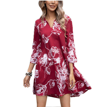 Damen Tunika-Kleid mit floralem Druck und 3/4-Ärmeln