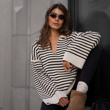 Damen Strickpullover Gestreift Gemütlich Eveloria
