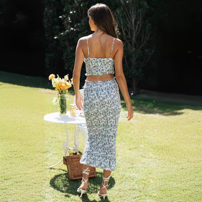 Damen Crop- Set mit Midi-Rock Floralmuster