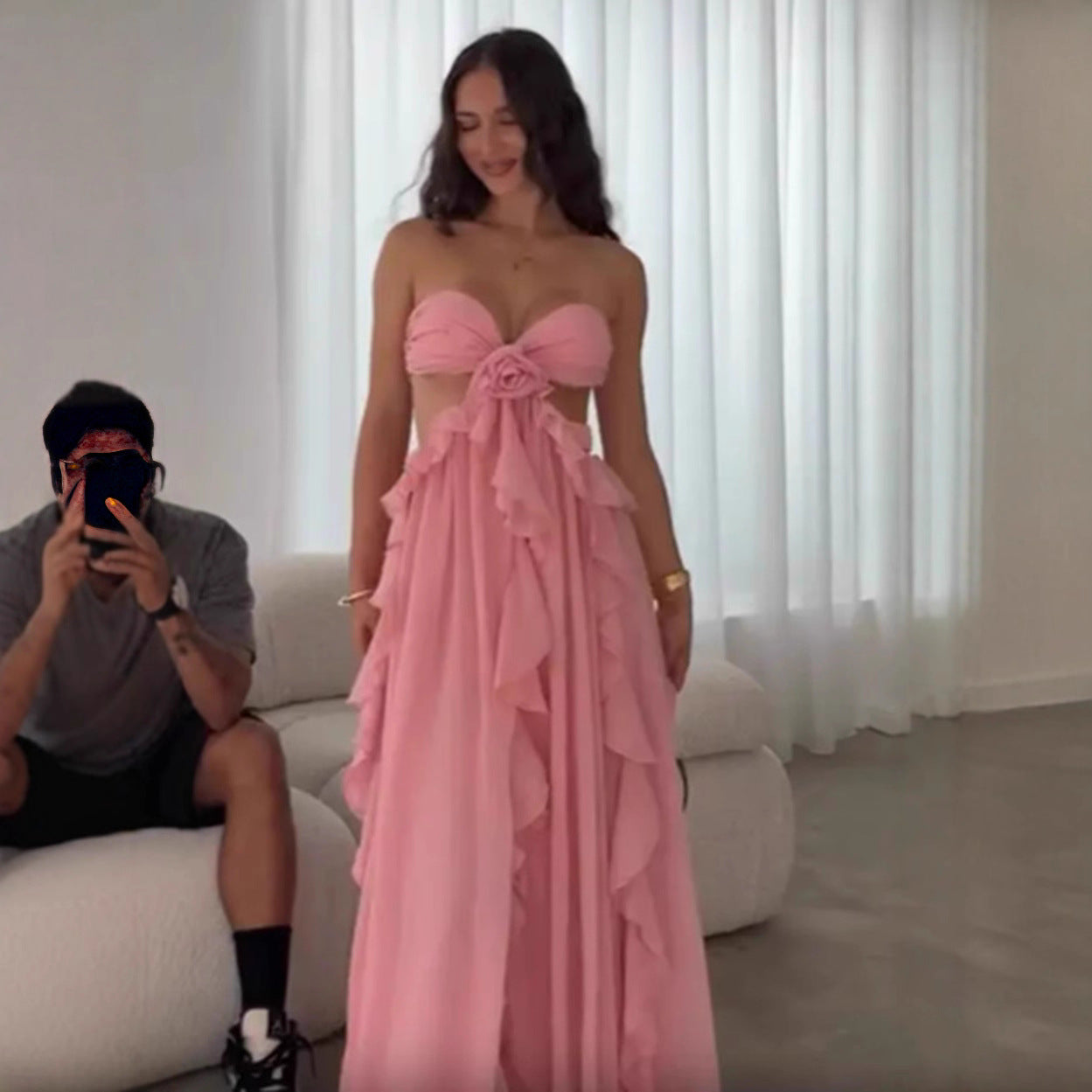 Damen Sommerkleid Rüschendetails Schulterfrei Luftsamt Eveloria