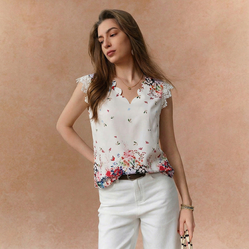 Damen Bluse Floralmuster Spitzenbesatz Eveloria