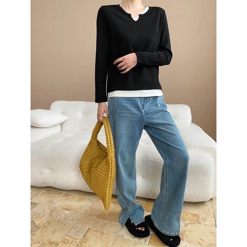 Damen Langarmshirt V-Ausschnitt Feine Struktur Eveloria