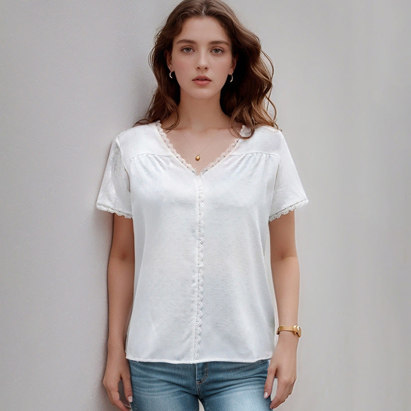 Damen Blusenshirt Luftig Spitze V-Ausschnitt Weiß - Eveloria