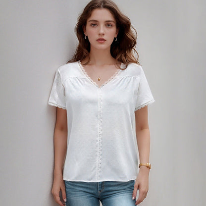 Damen Blusenshirt Luftig Spitze V-Ausschnitt Weiß - Eveloria