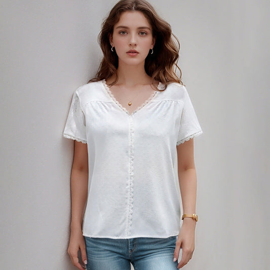 Damen Blusenshirt Luftig Spitze V-Ausschnitt Weiß - Eveloria