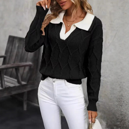 Damen Strickpullover Klassischer Polokragen Rautenmuster