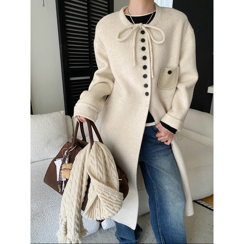 Damen Wolljacke Lang Knopf- und Kordelzugdetails Braun - Eveloria