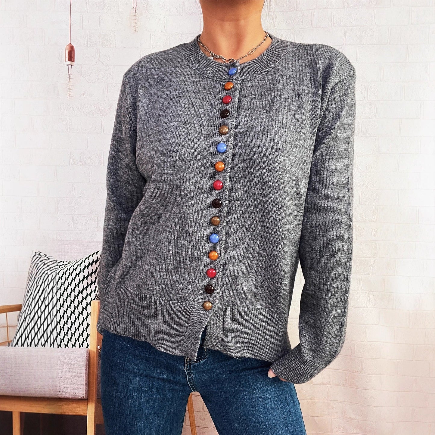 Damen Strickjacke Farbenfroh Knopfdetail