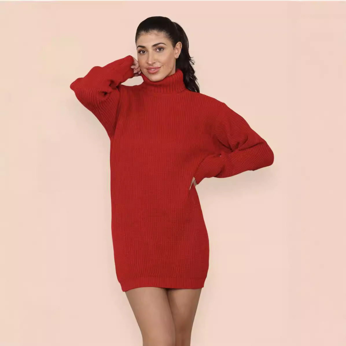 Damen Strickkleid Hochkragen Lässig Eveloria
