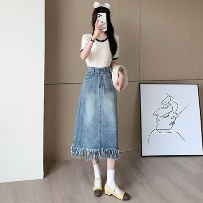 Damen Denim Midi-Rock Fransiger Saum Blau Eveloria