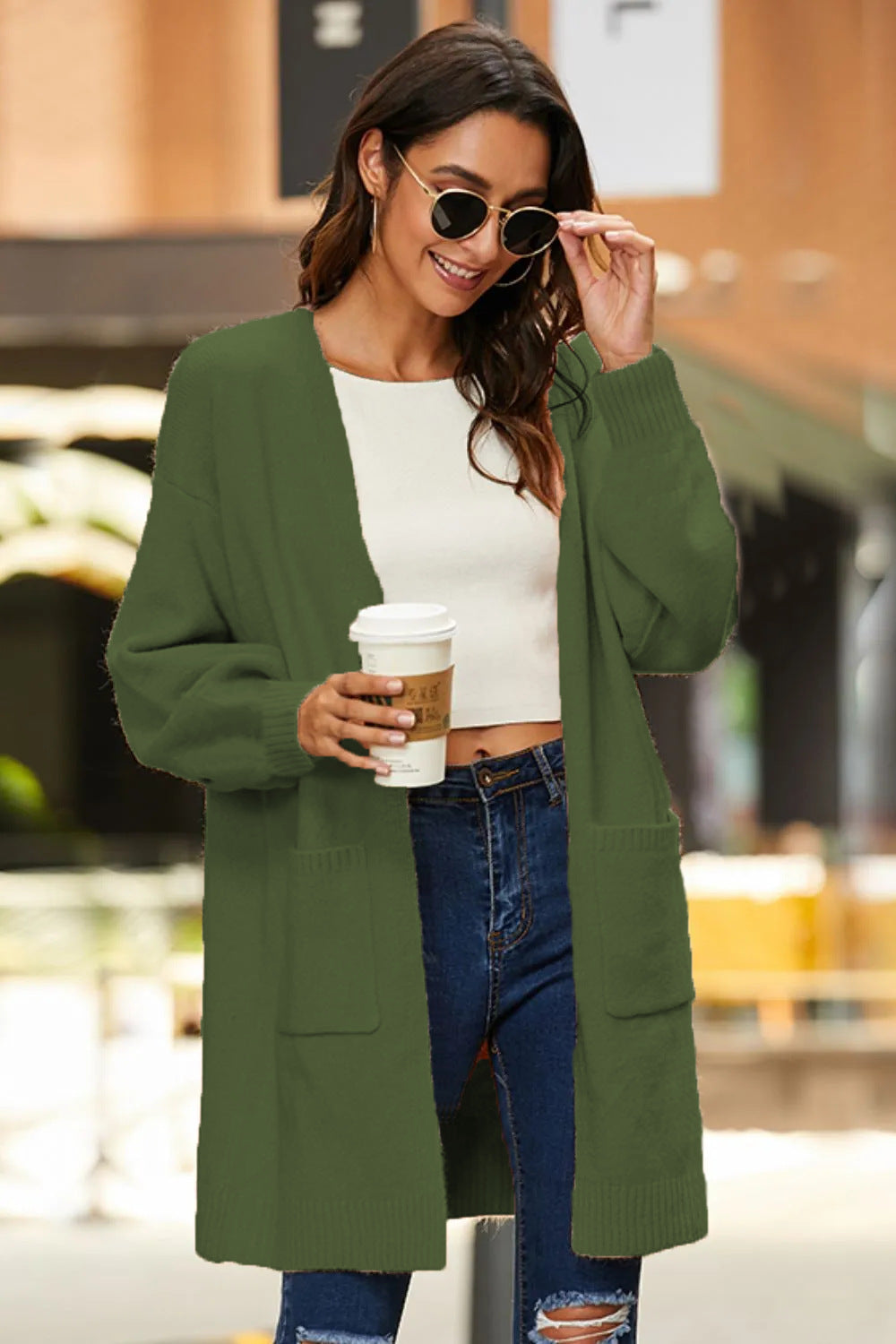 Damen Grobstrick Cardigan mit Taschen und weiten Ärmeln Beige