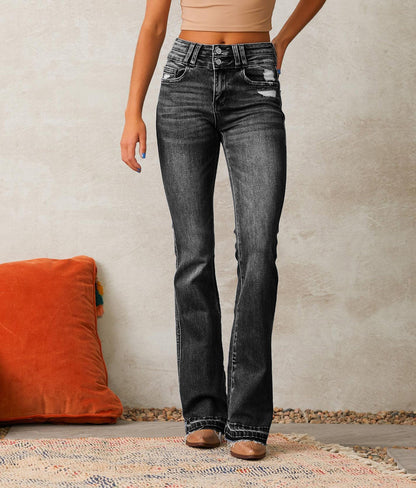 Damen Hochtaillierte Flared Jeans Destroyed Details Blau