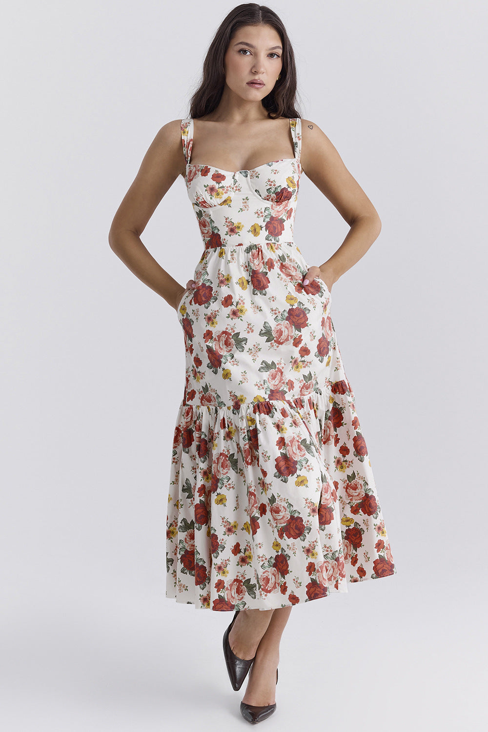 Damen Maxi-Kleid Floralmuster Seitentaschen Eveloria
