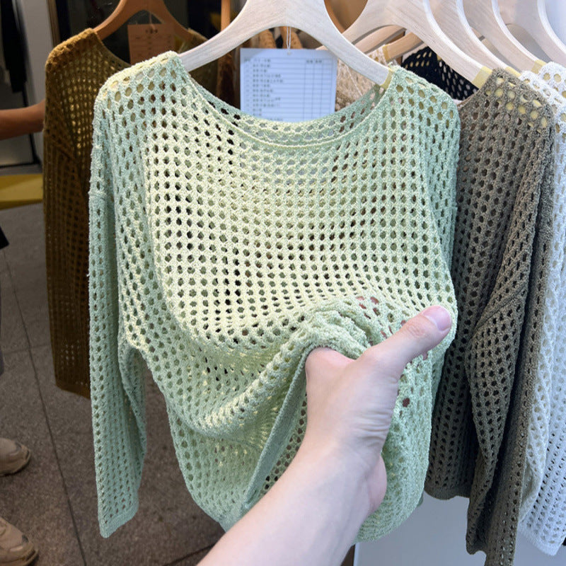 Damen Strickpullover Luftig Grobes Netzmuster Beige