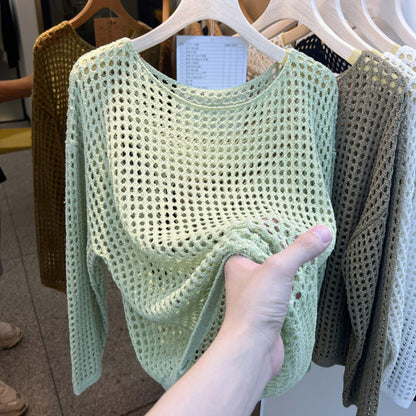 Damen Strickpullover Luftig Grobes Netzmuster Beige