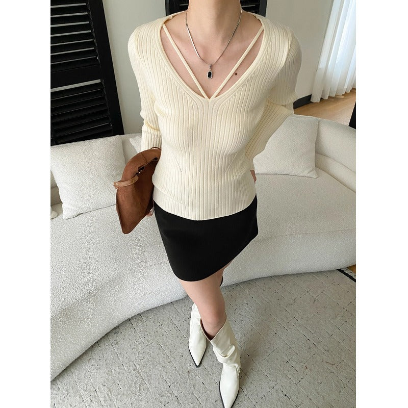 Damen Rippstrickpullover V-Ausschnitt Länge Ärmel Eveloria