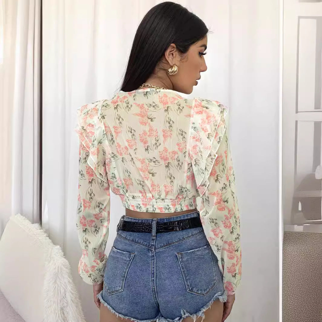 Damen Bluse Rüschen Floralmuster Eveloria