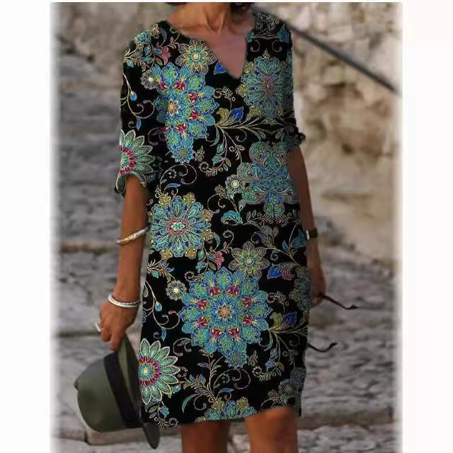 Damen V-Ausschnitt Kleid Floralmuster Kurzärmlig Eveloria