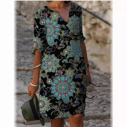 Damen V-Ausschnitt Kleid Floralmuster Kurzärmlig Eveloria