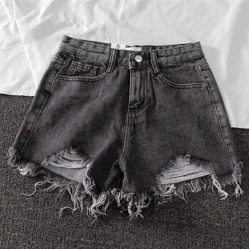 Damen Highwaist Destroyed Denim Shorts mit Fransensaum