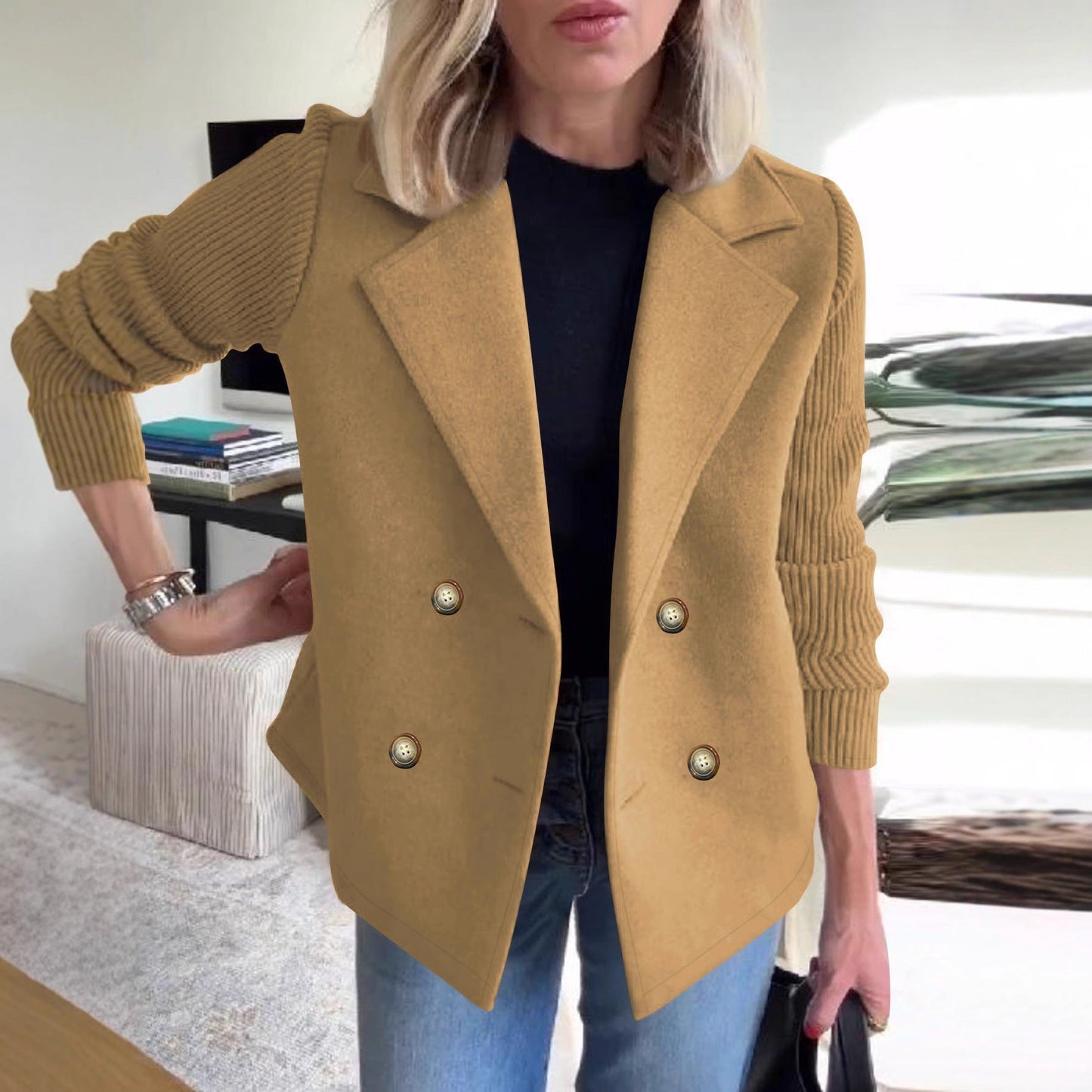 Damen Oversized Blazer Doppelter Knopfleiste Strukturierte Ärmel - Eveloria