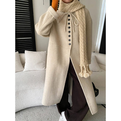 Damen Wolljacke Lang Knopf- und Kordelzugdetails Braun