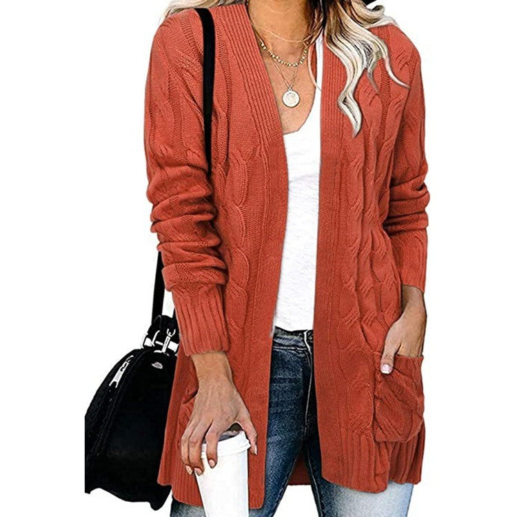Damen Strickjacke Kabelmuster Offene Taschen Eveloria