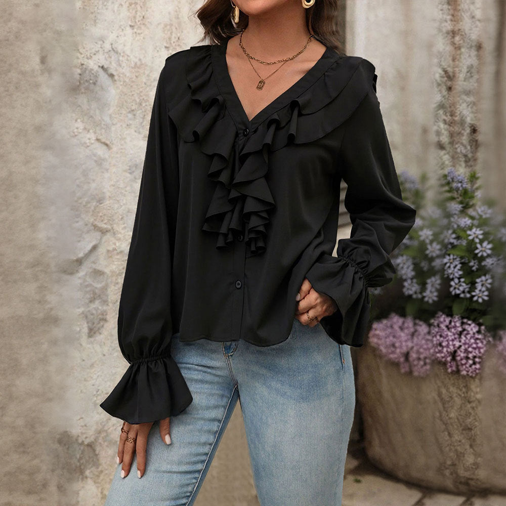 Damen Bluse Rüschendetails V-Ausschnitt Elegantes Design - Eveloria
