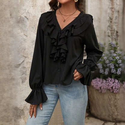 Damen Bluse Rüschendetails V-Ausschnitt Elegantes Design - Eveloria