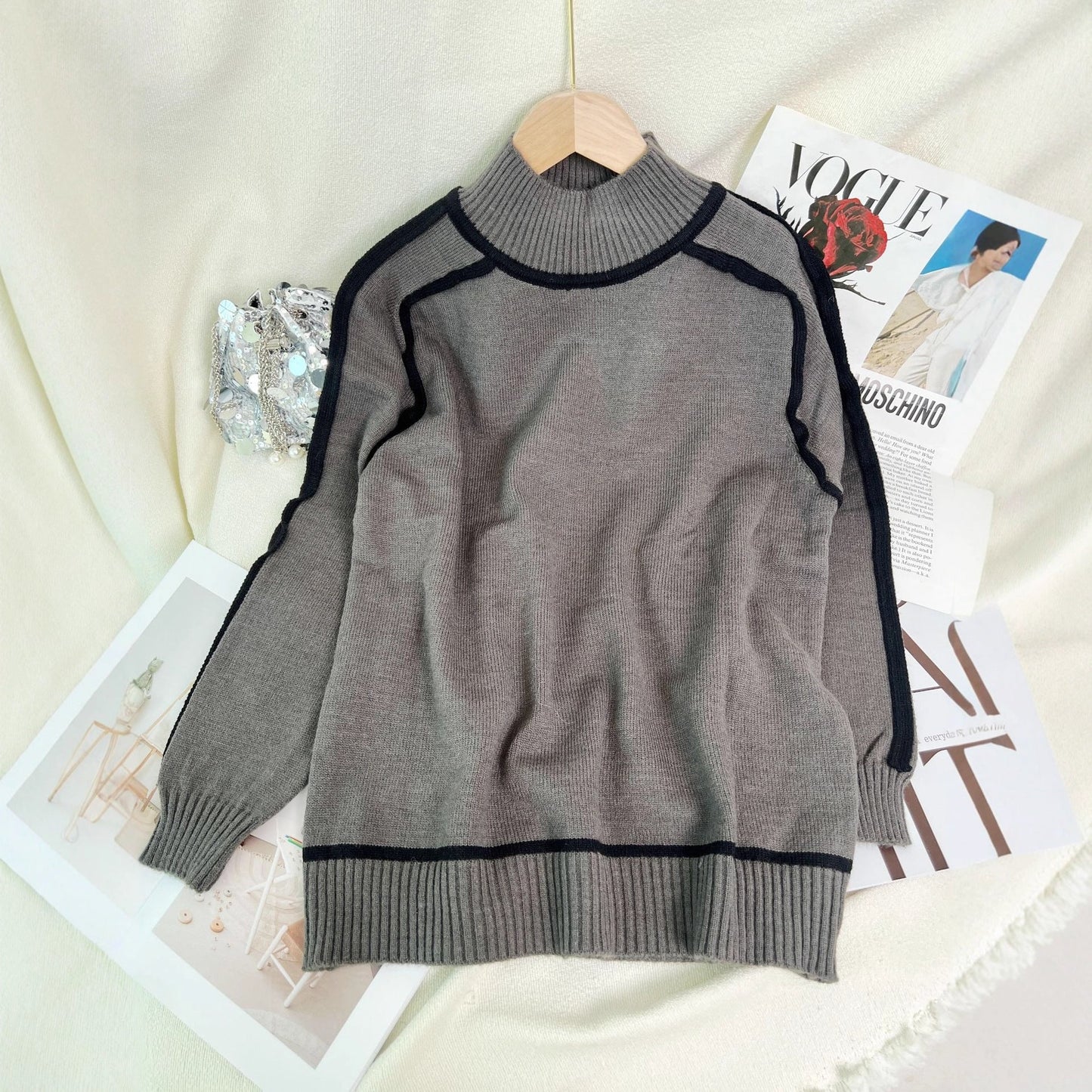 Damen Rollkragenpullover Kontrast-Saum Eveloria