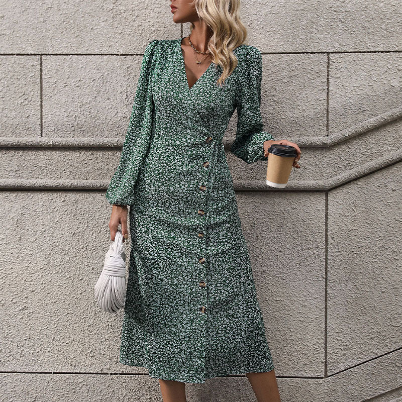 Damen Wickelkleid Florales Muster Knöpfe Eveloria