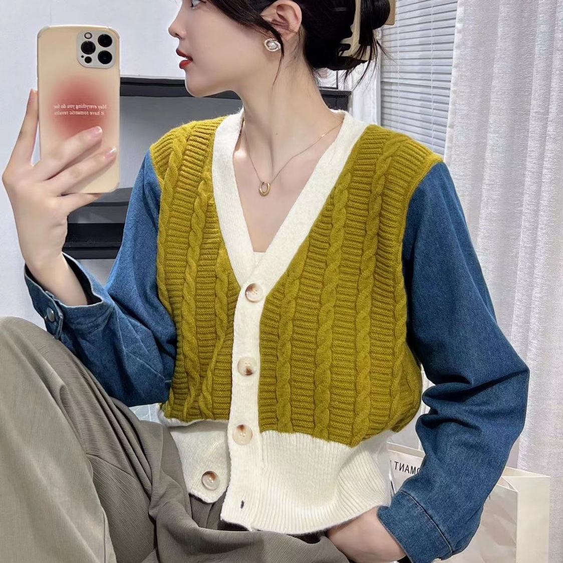 Damen Strickcardigan mit Denim-Ärmeln Blau Eveloria