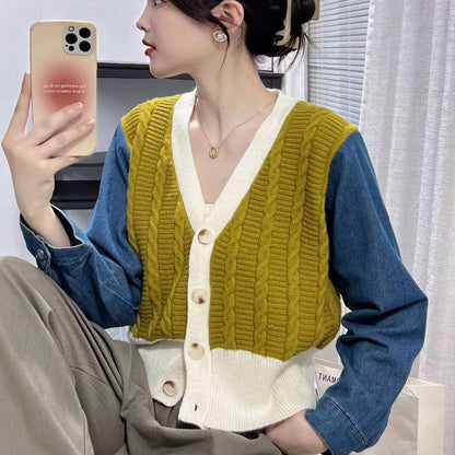 Damen Strickcardigan mit Denim-Ärmeln Blau Eveloria